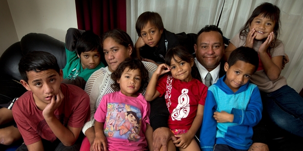 Nelson and Marama Harris with their children (from left) Te Hapuru, 12, Jayson, 10, Dakota, 4, Reiss, 9, Mari, 5, Tytan, 7, and Donna-Maree, 8. Photo / Brett Phibbs