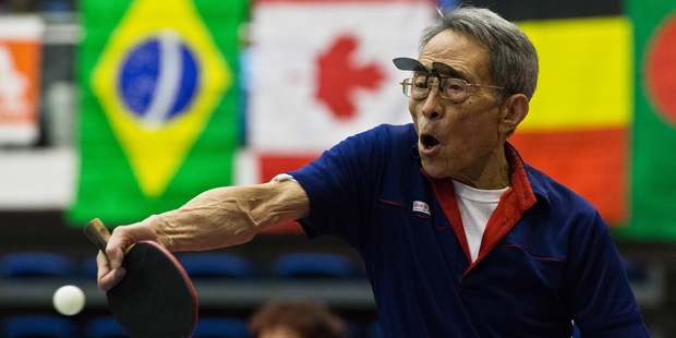 Yongning Chen from China is 88 years old and playing the game he loves at this week's World Veterens Table Tennis Championships. He says he's been playing daily for 80 years. Photo / Greg Bowker