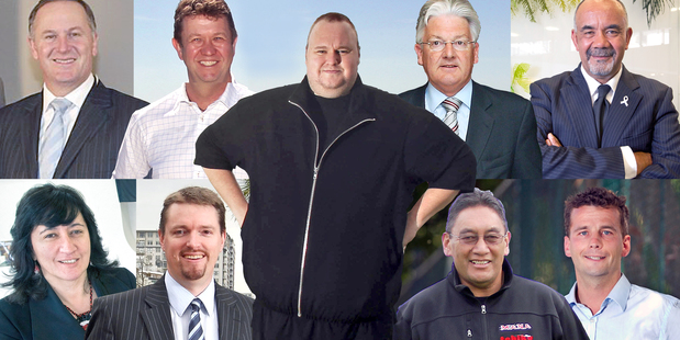 Clockwise: John Key, David Cunliffe, Kim Dotcom, Peter Dunne, Te Ururoa Flavell, David Seymour, Hone Harawira, Colin Craig, Annette Sykes. Photos / APN, NZ Herald, Getty Images