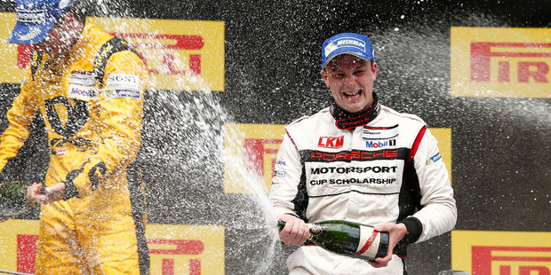 New Zealand's Earl Bamber
on the podium of the Porsche Mobil 1 Supercup in Barcelona. Photo / Supplied