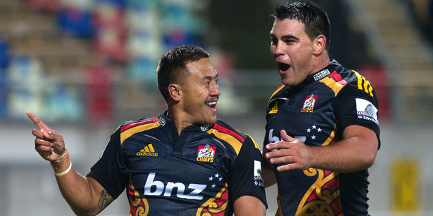 Chiefs player Tim Nanai-Williams celebrates his try with teammate, Dwayne Sweeney. Photo / Alan Gibson