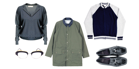 Marni sweater, $1240, from Scotties. Vanishing Elephant mac, $390, from Area51. Age Eyewear spectacles $249. Not Shy cashmere jacket, $639, from Made. Stuart Weitzman loafer, $590, from Runway.