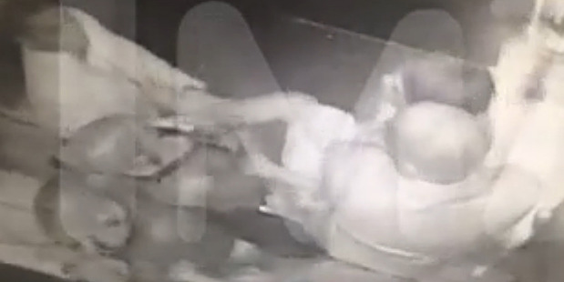 Security footage shows Solange kicking Jay Z while being restrained by a bodyguard. Photo/TMZ.com