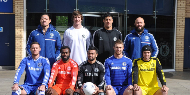 The New Zealand Sevens team lineup in Chelsea outfits during their visit to London. Photo / Chelsea FC Facebook page