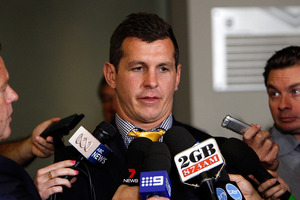Greg Bird talks to the media at the NRL judiciary hearing into his Dangerous Throw charge. Photo / Getty Images