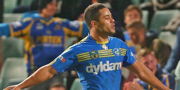 Jarryd Hayne of the Eels celebrates a try against the Cronulla-Sutherland Sharks. Photo / Getty Images