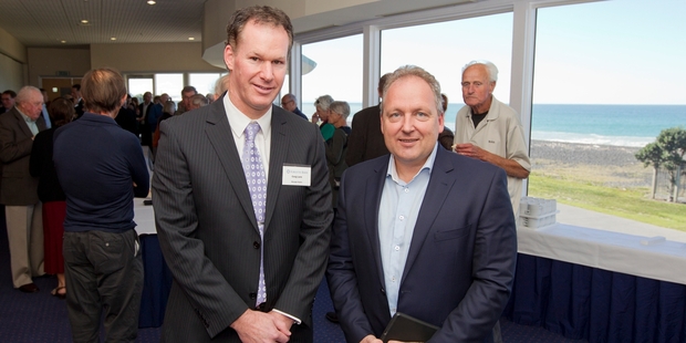 Hawke's Bay businessman Rod Drury, right, says his accounting software company Xero is a good vehicle for people wanting to invest in the business migration to cloud computing. He is pictured with Craig Lane, Napier Manager of Forsyth Barr which hosted Mr Drury at Napier War Memorial Conference Centre. Photo/Paul Taylor