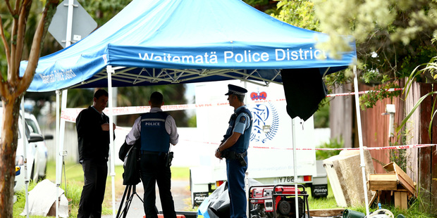 Police, forensics and firefighters at the address on Luanda Drive. Photo / Getty Images