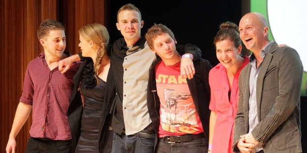 Mister D staff on stage after winning the EIT Outstanding Front of House Award at the Hawkes Bay Hospitality Awards, at the MTG theatre, Napier, last night. Photo/Paul Taylor