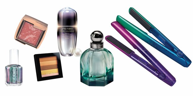 Essie For the Twill of It; Hourglass Ambient Lighting Blush; Revlon Highlighting Palette; Shiseido Future Solution Radiance Serum; Balenciaga Paris L'Essence parfum; Bird of Paradise ghd stylers.