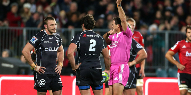 Jean Deysel (L) of the Sharks is red carded by referee Rohan Hoffmann during the round 14 Super Rugby match between the Crusaders and the Sharks. Photo / Getty Images.