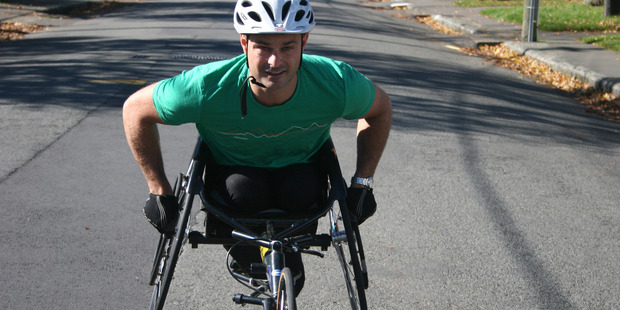 Mike Brown getting used to his racing chair for the New York marathon