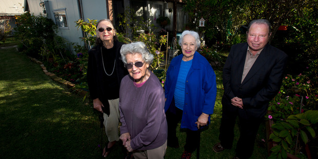 Spring St housing tenants (from left) Ruth Mitten, 88, Barbara Wardle, 94, Lillian Jackson, 82, and Bob Tait, 66. Photo / Dean Purcell