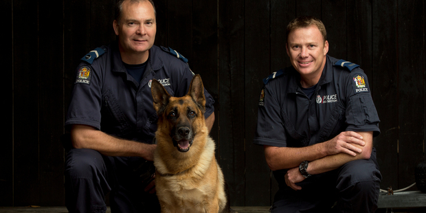 Senior Const Steve Pike with York and Senior Const Chris Harris, who were all given a bravery award for their work chasing a gunman who had just shot a fellow officer four times. Photo / Brett Phibbs