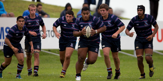 Sacred Heart College juggernaut Taniela Tupou in action against Mt Albert Grammar on Saturday. Photo / Brett Phibbs