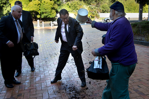 John Banks was allegedly attacked with a bucket of mud as he arrived at the High Court in Auckland. Photo / Brett Phibbs