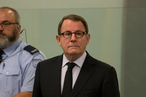 John Banks stands in the dock, during his trail at the High Court in Auckland, this morning. Photo / Brett Phibbs
