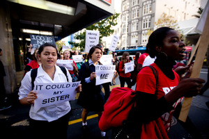 People march up Queen Street to call for the safe return of hundreds of schoolgirls abducted by Boko Haram in Nigeria last month. Photo / Dean Purcell
