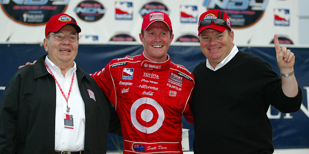 Scott Dixon with Chip Ganassi (right) and the team owner's father, Floyd. Picture / Getty Images