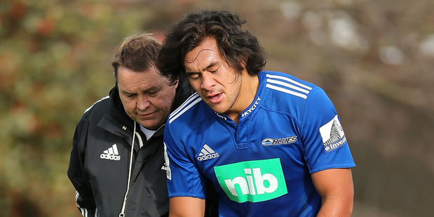 Coach Steve Hansen puts Steven Luatua through his paces at the Christchurch Camp. Photo / Getty Images