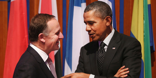 Barack Obama and John Key have a chat after the Nuclear Security Summit (NSS) in The Hague, Netherlands, on the 25th of March. Photo / AP
