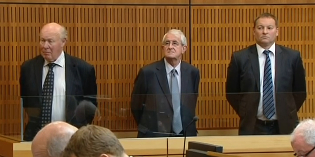 Edward Sullivan (left), Robert White and Lachie McLeod (right) are defending charges in the Timaru High Court. Photo / One News