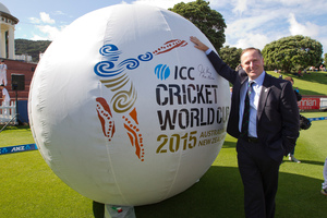 Prime Minister John Key with a giant cricket ball promoting the the ICC Cricket World Cup 2015 at the Basin Reserve in Wellington. File photo / Mark Mitchell