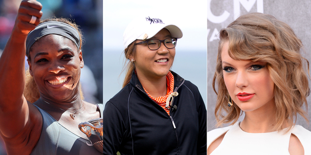 Serena Williams (l), Lydia Ko (C) and Taylor Swift (R). Photo / AP.