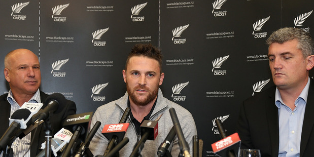 New Zealand Cricket Chief Executive David White, Black Caps captain Brendon McCullum and New Zealand Cricket Players' Association Chief Executive Heath Mills. Photo / Getty Images