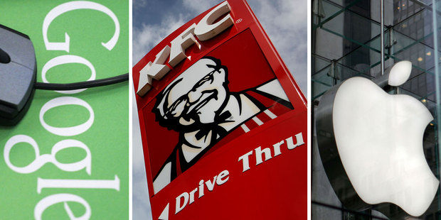 Three of the top 100 global brands - Google, KFC and Apple. Photo / AP, NZ Herald