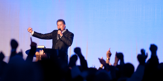 Bishop Brian Tamaki speaking at a Destiny Church Conference at Rotorua Energy Events Centre. Photo / Tracey Robinson