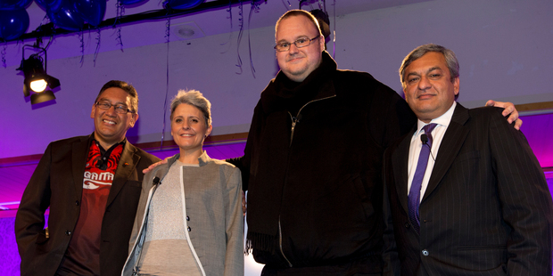 Mana Party's Hone Harawira, Internet Party Laila Harre, Kim Dotcom and Vikram Kumar, during the official announcement of Laila Harre leadership of the fledgling Internet Party. Photo / Brett Phibbs