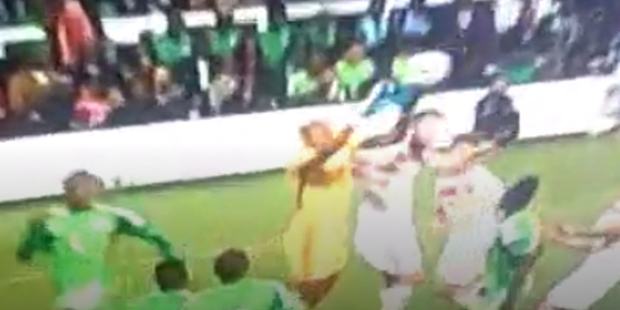 This bizarre error by Nigerian goalkeeper Austin Ejide has gone viral on websites around the world. Photo / YouTube.