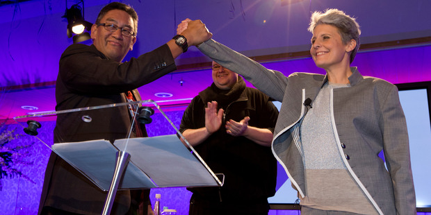 Laila Harré, with Hone Harawira and Kim Dotcom. Photo / Brett Phibbs