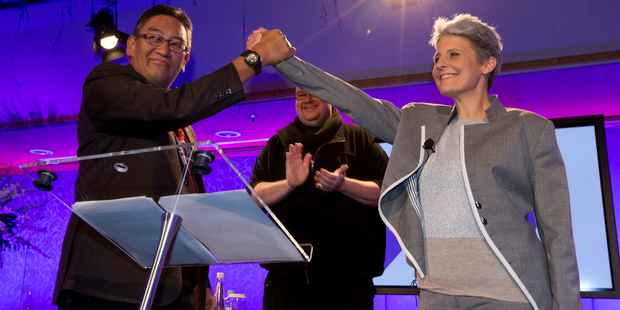 Laila Harré, right, with Hone Harawira and Kim Dotcom. Photo / Brett Phibbs