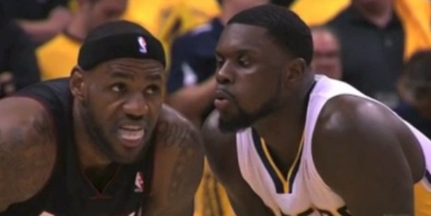Lance Stephenson blows into the ear of LeBron James