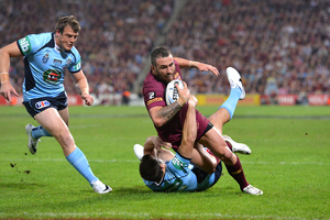 Darius Boyd of the Maroons scores a try during game one of the State of Origin. Photo / Getty Images