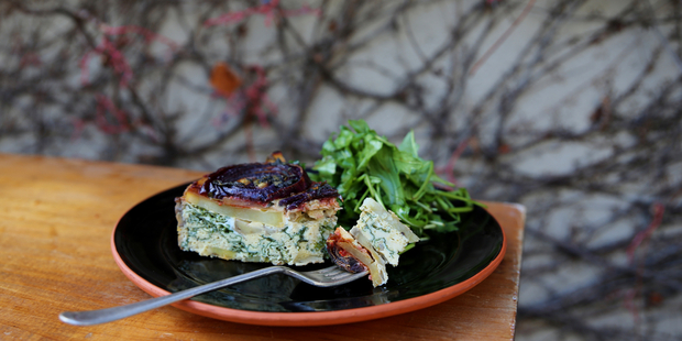 Caramelized onion, sage & mustard frittata with kale. Photo / Eleanor Ozich