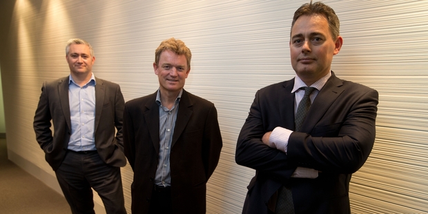 Marketing manager Aaron Baker (left), CEO James Docking and CFO David Ingram are at the helm for Gentrack's stock exchange listing. Photo / Richard Robinson