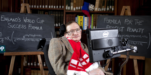 British Professor Stephen Hawking unveils a new scientific formula to predict the chances of England succeeding in the World Cup. Photo / AP