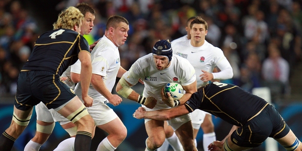 James Haskell charges forward during England's clash with Scotland in World Cup 2011 at Eden Park. Photo / APN