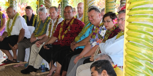 Metiria Turei (second right), Shane Jones (third right) and David Shearer (sixth right), at a kava ceremony yesterday. Photo / Claire Trevett