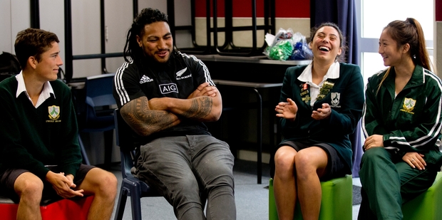Ma'a Nonu with Dale Pitout, Grace Kukutai and Pam Chia at Lynfield College yesterday. Photo / Dean Purcell