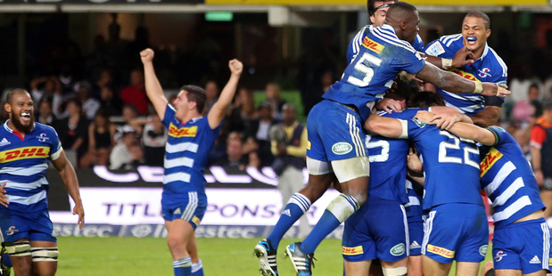 The Stormers celebrate their unexpected 21-19 victory over the Sharks in Durban. Photo / Getty Images.