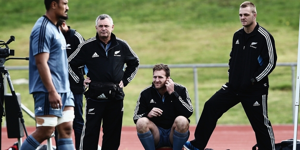 Injured All Blacks Kieran Read (seated) and Sam Cane (right) are spectators on the sideline. Photo / Getty Images