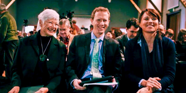 Former Greens co-leader Jeanette Fitzsimons (left) and actress Lucy Lawless with Russel Norman yesterday.