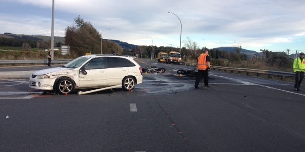A serious crash involving a car and two motorcyles on the intersection of State Highway 30 and 33 in Rotorua today.