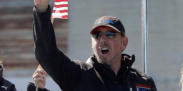 Oracle CEO Larry Ellison gesturing after Oracle Team USA won the 18th America's Cup sailing race in San Francisco. Photo / AP
