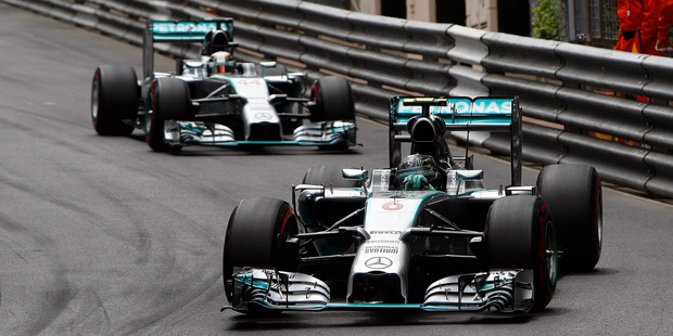 Mercedes driver Nico Rosberg of Germany leads his teammate Lewis Hamilton of Britain during the Monaco Formula One Grand Prix. Picture / AP