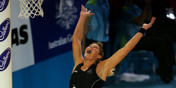 Irene van Dyk celebrates their gold medal against Australia at the 2006 Commonwealth Games in Melbourne. Photo / Brett Phibbs